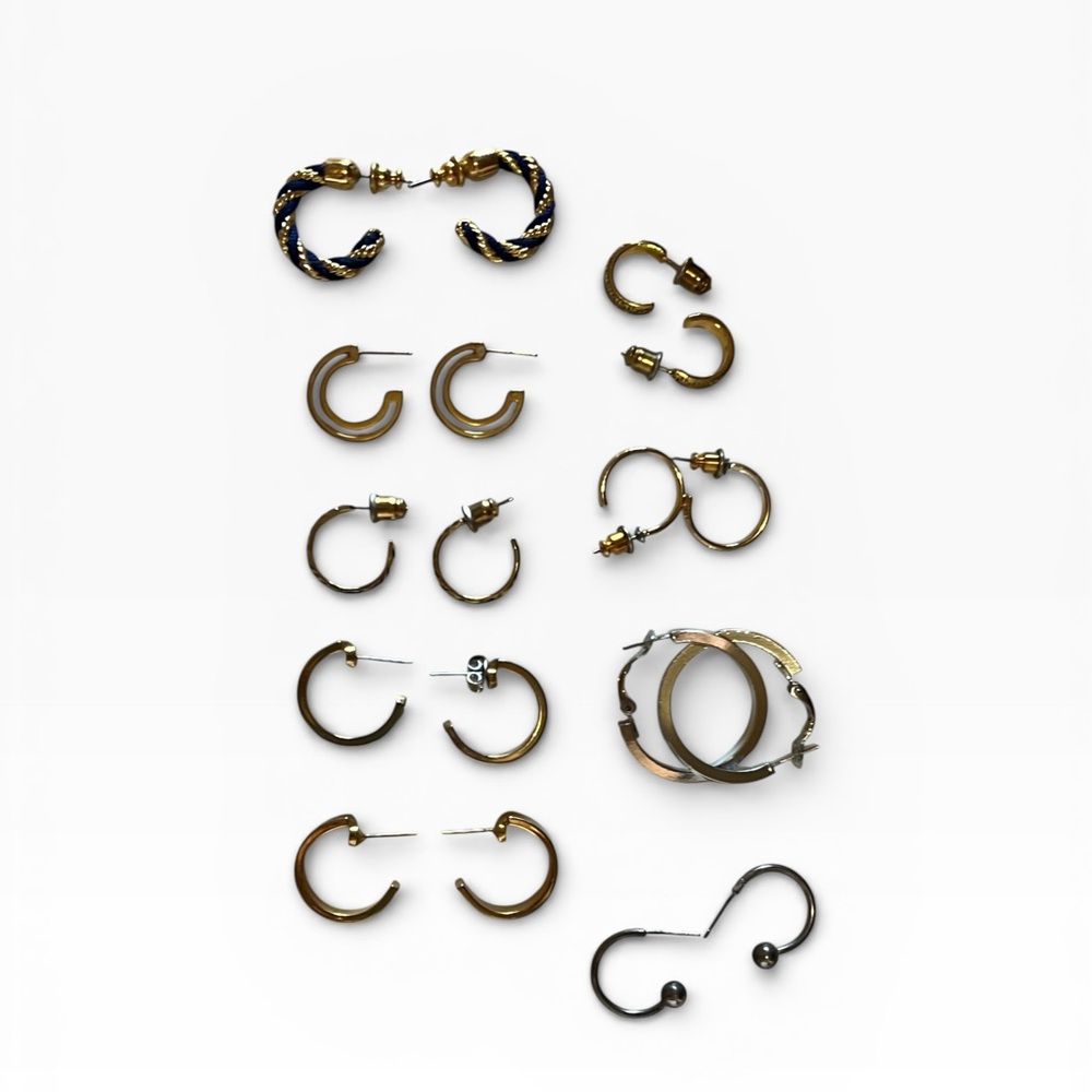 Lot of 9 Vintage Elegant Gold, Silver, and Black Hoop Earrings